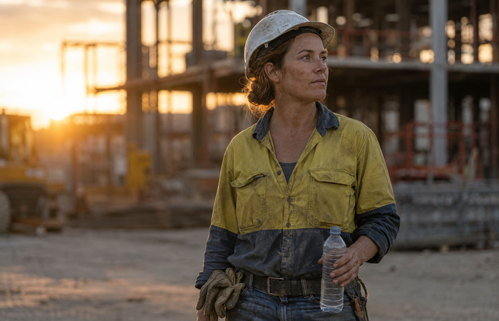 Woman in work clothes and gloves on a jobsite at sunrise, holding a water bottle during a break — guide to energy, drive, and joint support for women in physical jobs