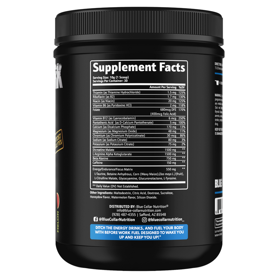 Before Work Fuel supplement facts panel showing 150mg caffeine, electrolytes, B vitamins, dicreatine malate, AAKG, and beta-alanine