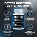 Biotics benefits infographic showing 60 billion CFU support for gut health, bloating, nutrient absorption, and immune function with MAKTREK Bypass Technology