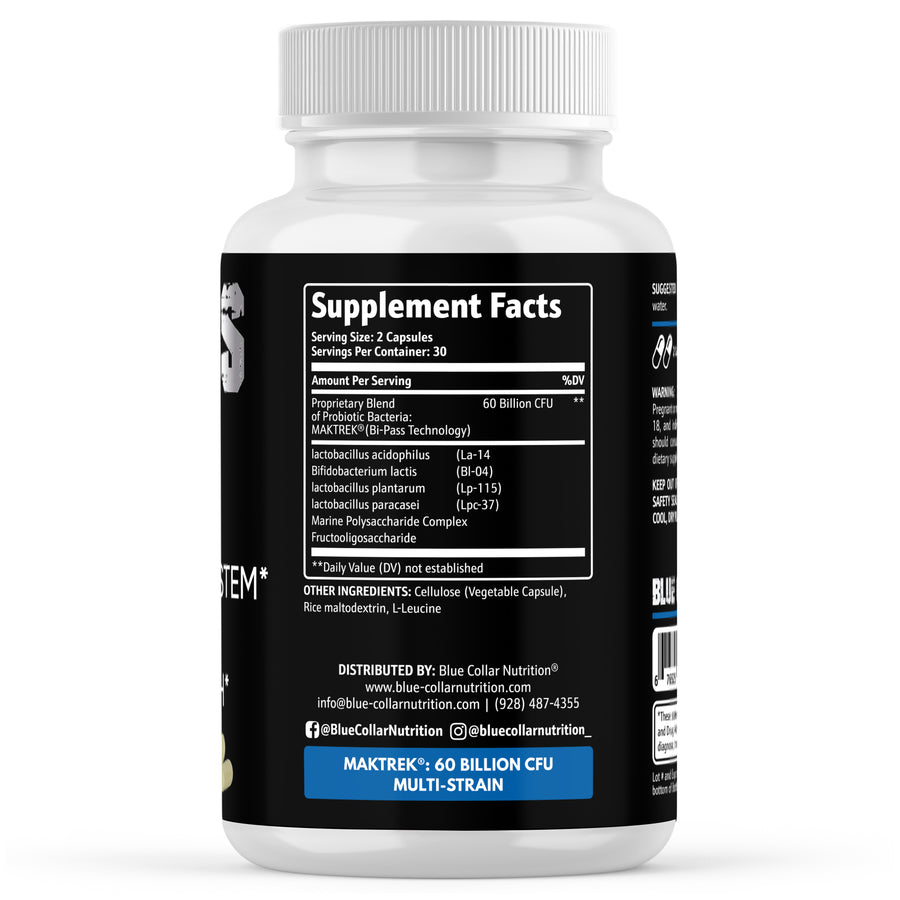 Biotics Supplement Facts panel showing 60 billion CFU probiotic blend with four strains, MAKTREK Bi-Pass Technology, marine polysaccharide, and FOS prebiotic