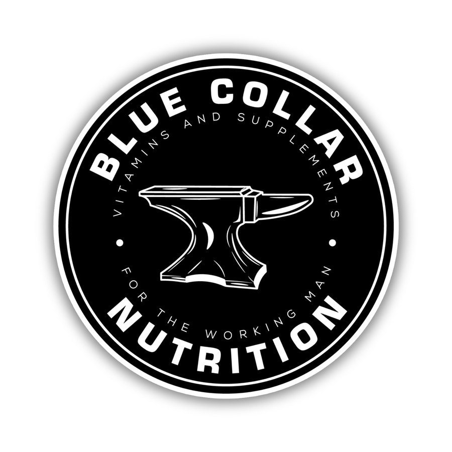 The Working Man Sticker — black-and-white Blue Collar Nutrition anvil badge with "For The Working Man" tagline, waterproof vinyl decal for hard hats and toolboxes