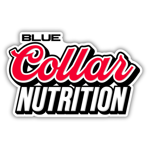 Blue Collar Sticker — Americana red script vinyl decal with Blue Collar Nutrition brand mark in vintage Coors-style typography
