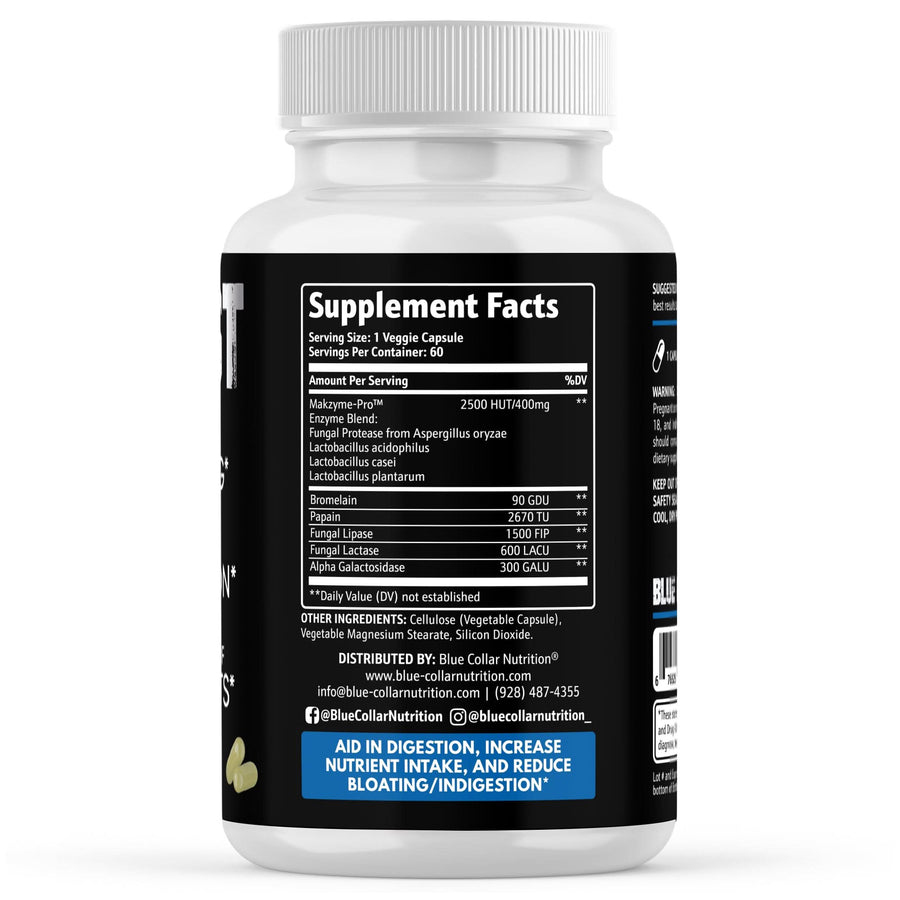 Digest supplement facts: Makzyme-Pro enzyme blend, Bromelain, Papain, Fungal Lipase, Lactase, Alpha Galactosidase