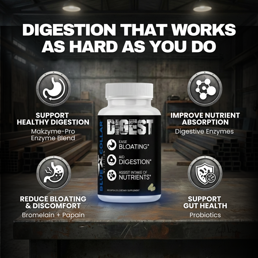 Digest benefits infographic showing Makzyme-Pro enzyme blend, Bromelain, Papain, and probiotic support for bloating, digestion, and nutrient absorption