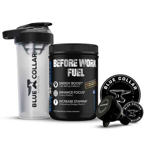 Blue Collar Starter Pack bundle with Before Work Fuel, SportsShaker, Travel Funnel, and two BCN stickers