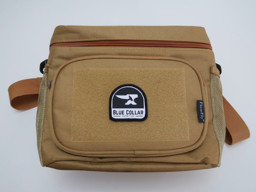 BCN Velcro Patch attached to the front loop panel of a tan tactical work bag