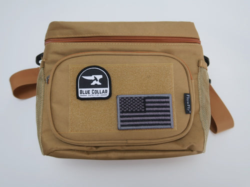 BCN Velcro Patch attached to a tan tactical bag next to a subdued American flag patch