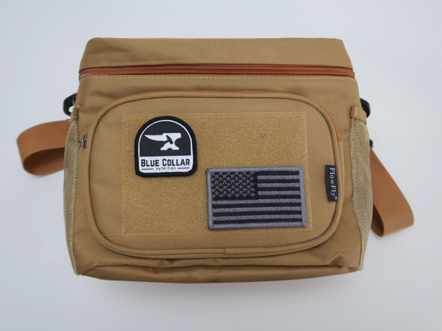 BCN Velcro Patch attached to a tan tactical bag next to a subdued American flag patch