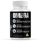 OMEGA bottle, black label, with text "BOOST BRAIN FUNCTION*", "SUPPORT BONE STRENGTH*", "PROMOTE HEART HEALTH*" and a fish oil softgel icon