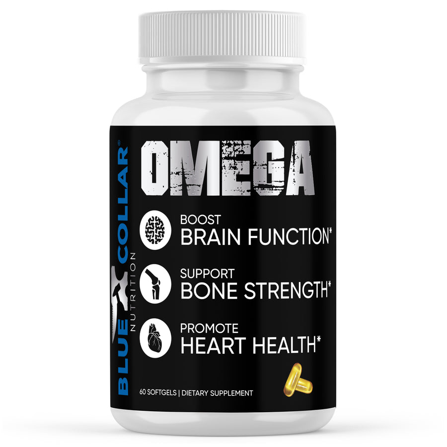 OMEGA bottle, black label, with text "BOOST BRAIN FUNCTION*", "SUPPORT BONE STRENGTH*", "PROMOTE HEART HEALTH*" and a fish oil softgel icon