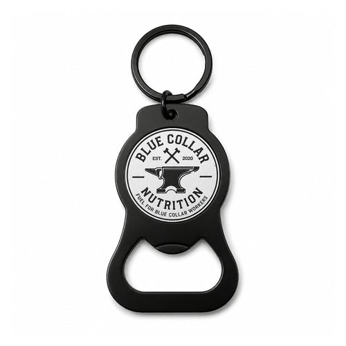 Blue Collar Nutrition black metal bottle opener keychain with a laser-engraved anvil logo and split ring