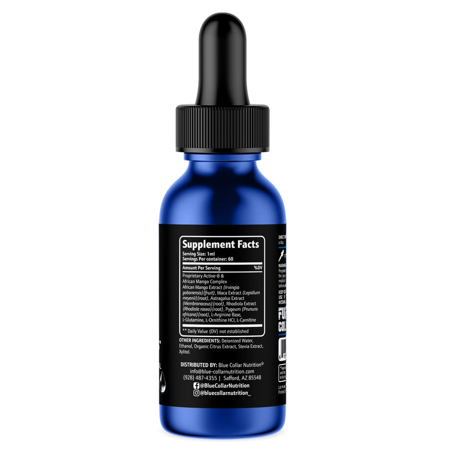 Liquid Burn supplement facts label with African Mango, Rhodiola, Maca, and L-Carnitine