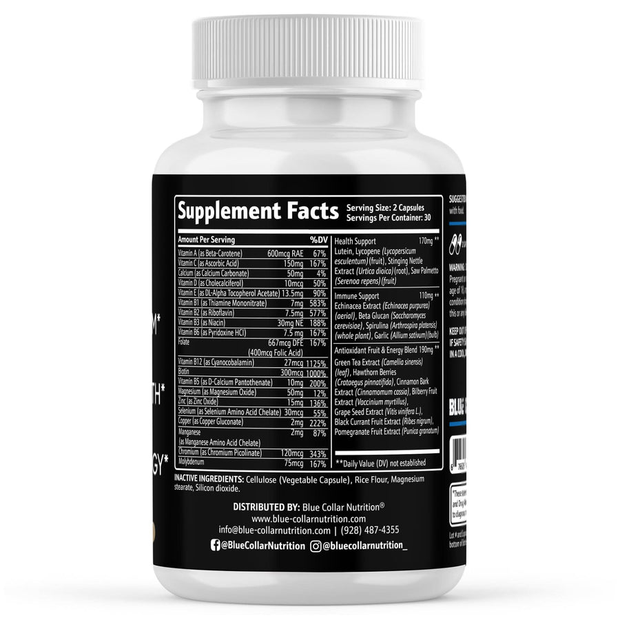 Multi Men's supplement facts panel — vitamins B12, C, D, zinc, magnesium, and antioxidant blend