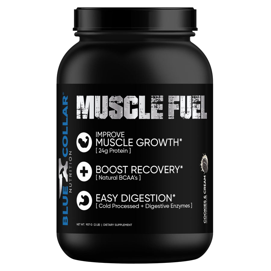 BCN Muscle Fuel Cookies & Cream — cold-processed whey protein blend with digestive enzymes and real cookie pieces, 25g protein