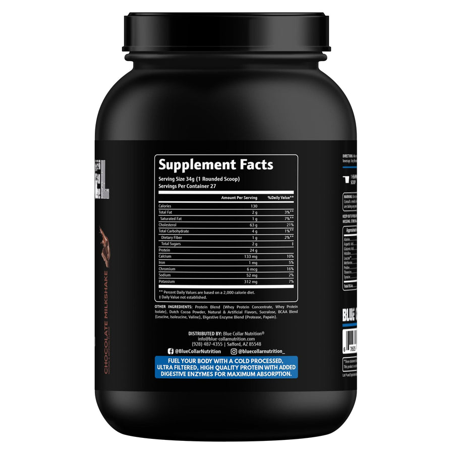 Muscle Fuel Chocolate Milkshake Supplement Facts — 24g protein, BCAA blend, digestive enzymes Protease and Papain, 27 servings