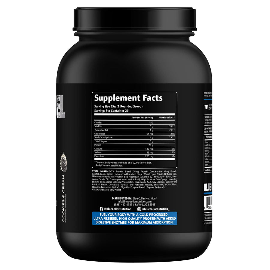 Muscle Fuel Cookies & Cream Supplement Facts — 25g protein, BCAA blend, digestive enzymes, contains wheat allergen, 26 servings