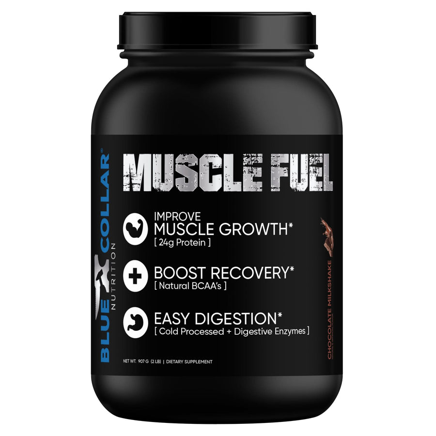 BCN Muscle Fuel Chocolate Milkshake — cold-processed whey protein blend with digestive enzymes, 24g protein per scoop