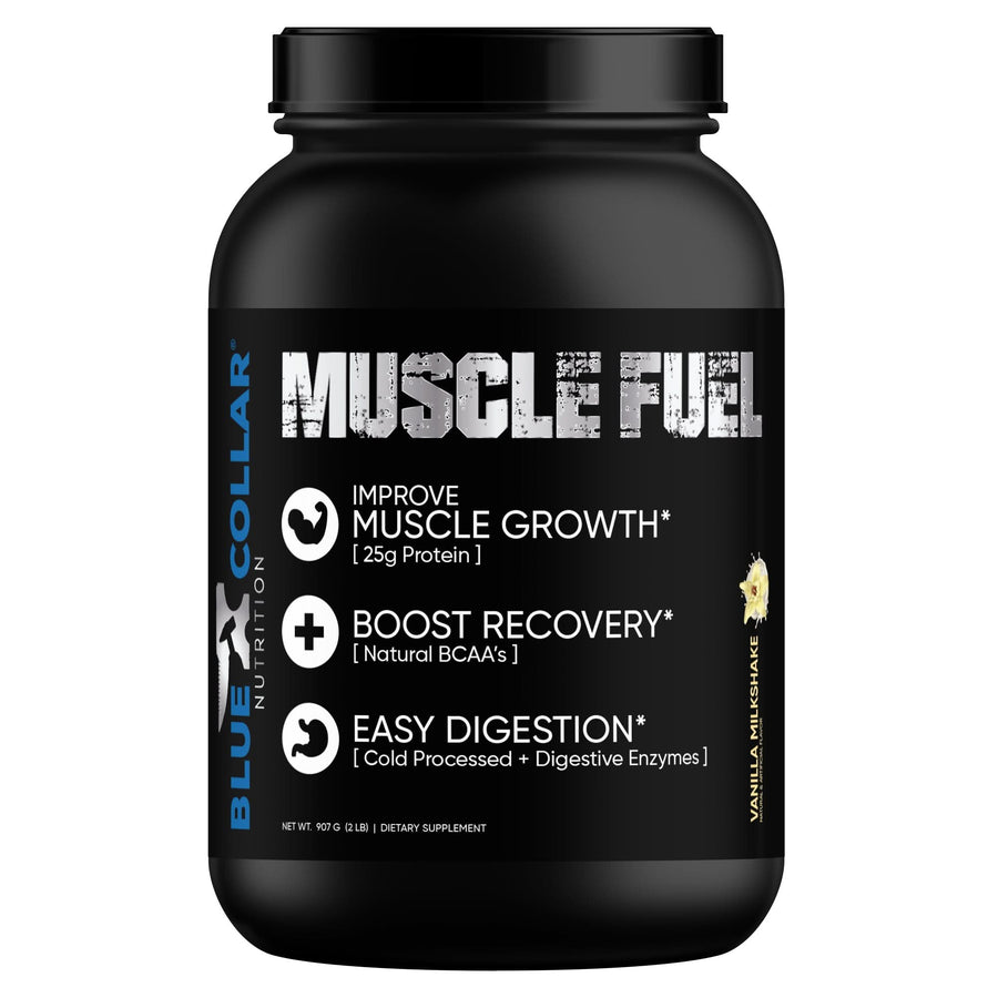 BCN Muscle Fuel Vanilla Milkshake — cold-processed whey protein blend with digestive enzymes, 25g protein per scoop