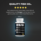 "QUALITY FISH OIL." with a 5-star rating and what appears to be a customer review/testimonial