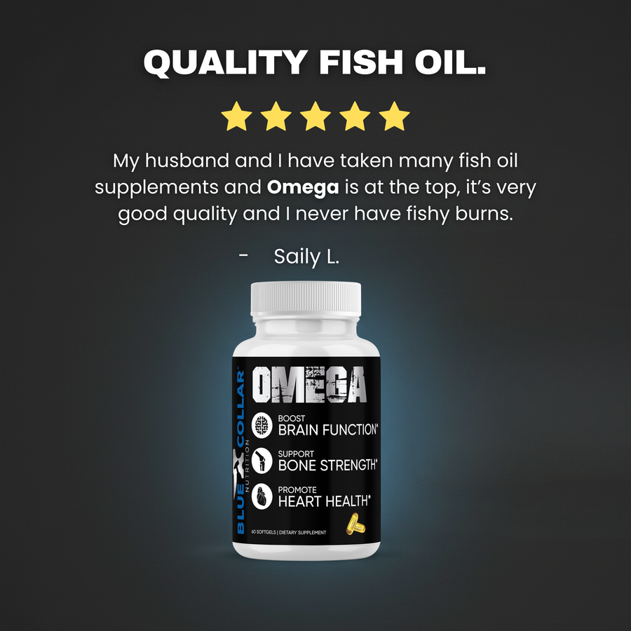 "QUALITY FISH OIL." with a 5-star rating and what appears to be a customer review/testimonial