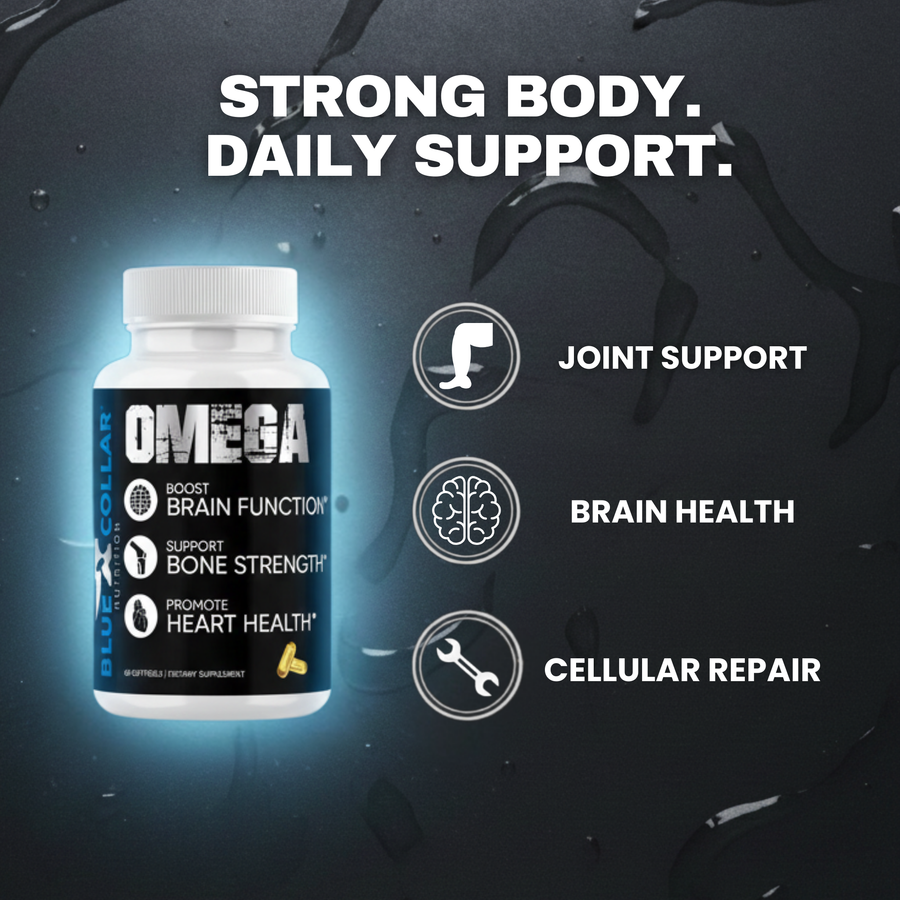 "STRONG BODY. DAILY SUPPORT." with the bottle and callouts: JOINT SUPPORT, BRAIN HEALTH, CELLULAR REPAIR