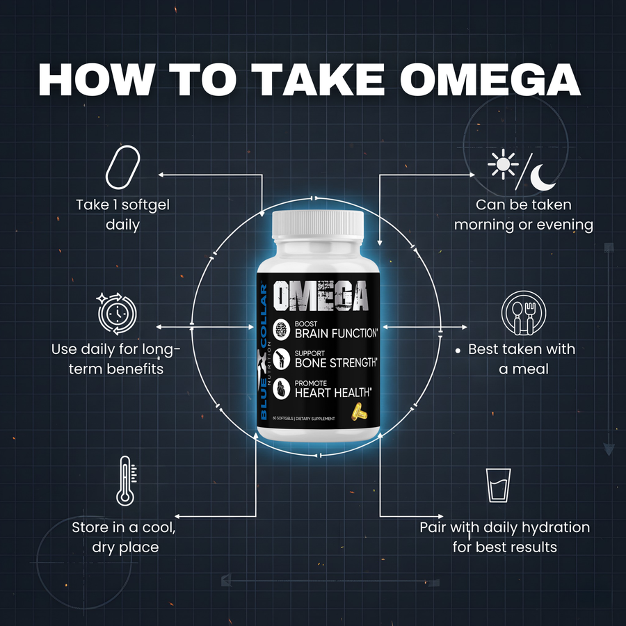 How to take Omega — 1 softgel daily with a meal, morning or evening, store cool and dry