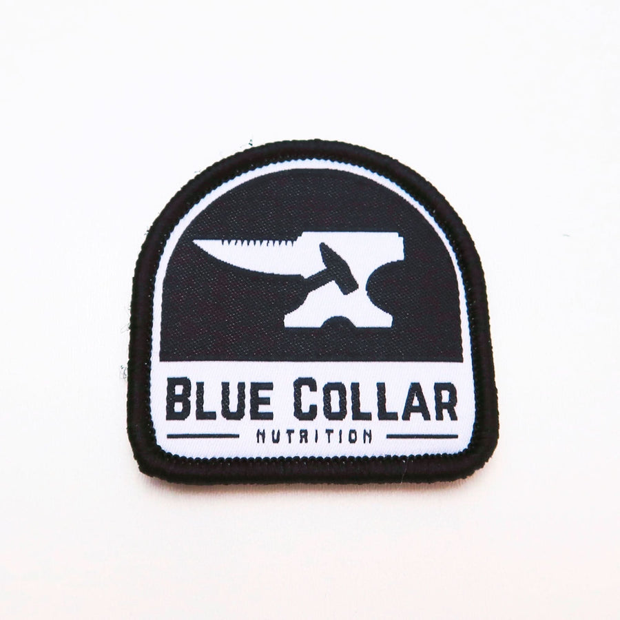 BCN Velcro Patch — embroidered black and white hammer and anvil patch with hook backing, sized for tactical hats and modular gear