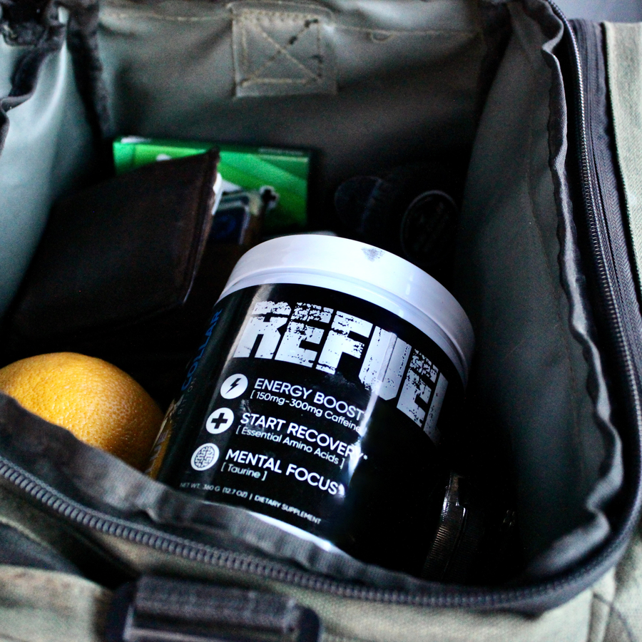 Refuel mid-shift amino acid energy drink packed in a work lunchbox