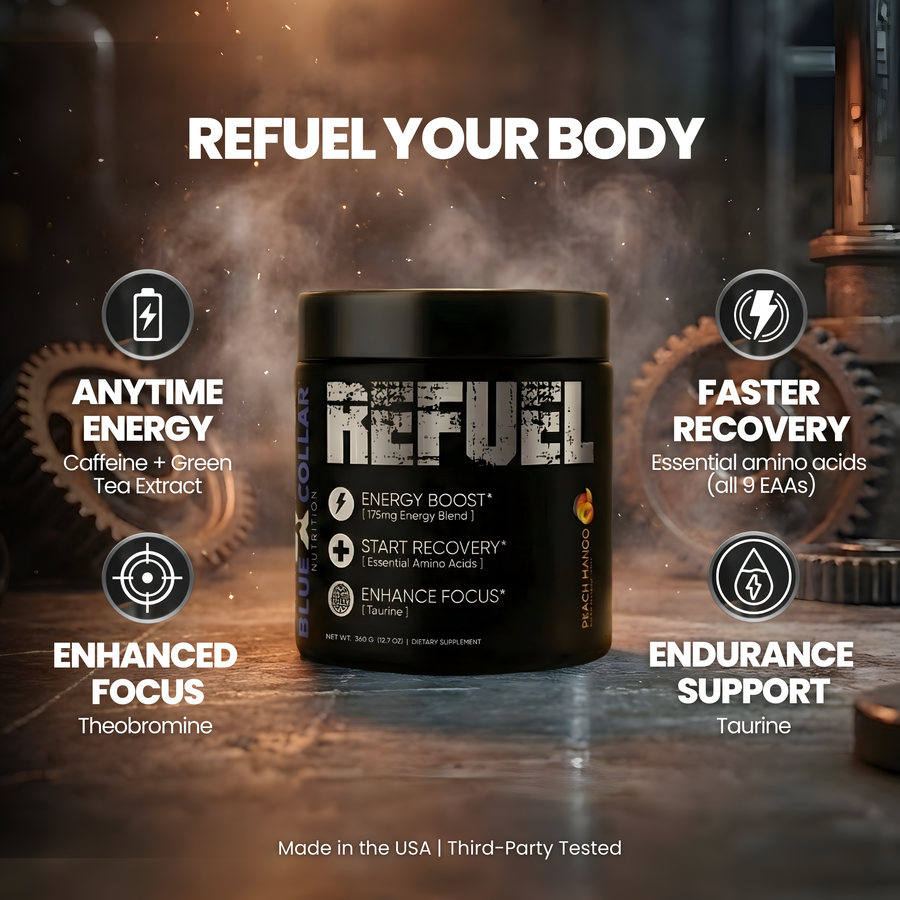 Refuel benefits — amino acid energy powder with anytime clean energy from caffeine and green tea extract, faster recovery with essential amino acids including all 9 EAAs, enhanced focus from Theobromine, endurance support from Taurine