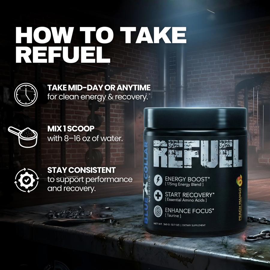 How to take Refuel amino acid energy powder — mix 1 scoop with 8 to 16 oz of water, take mid-day or anytime for clean energy and recovery, stay consistent for performance and recovery