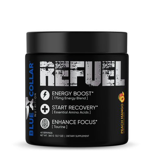 Refuel Peach Mango — Blue Collar Nutrition amino acid energy powder, 40 servings, 360g jar with Energy Boost, Start Recovery, and Enhance Focus claims