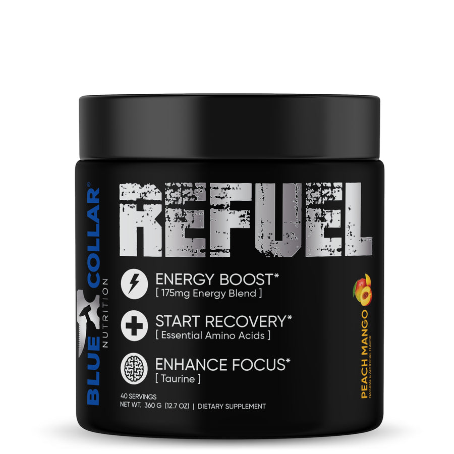 Refuel Peach Mango — Blue Collar Nutrition amino acid energy powder, 40 servings, 360g jar with Energy Boost, Start Recovery, and Enhance Focus claims