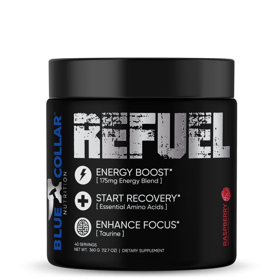 Rapsberry  — Blue Collar Nutrition amino acid energy powder, 40 servings, 360g jar with Energy Boost, Start Recovery, and Enhance Focus claims