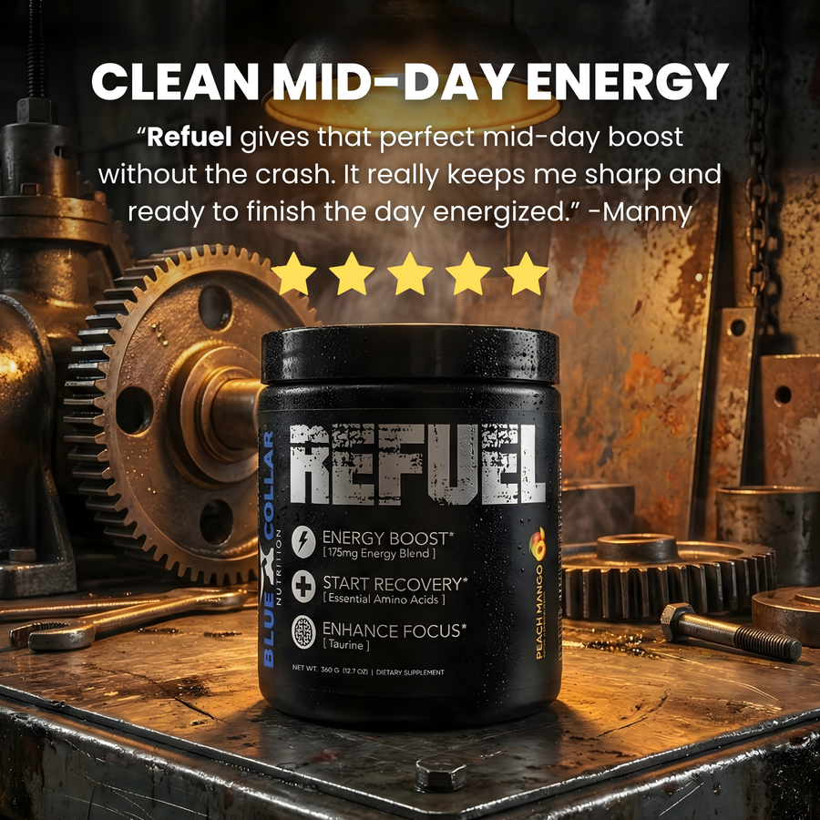 Refuel testimonial — Clean mid-day energy boost from amino acid energy powder without the crash, five-star review from Manny on Blue Collar Nutrition Refuel