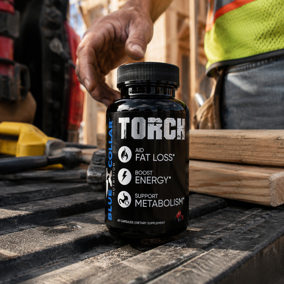 TORCH thermogenic bottle on truck bed jobsite