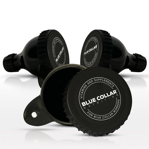 BCN Travel Funnel — three black powder funnels with screw caps on both ends, showing the Blue Collar Nutrition anvil branding