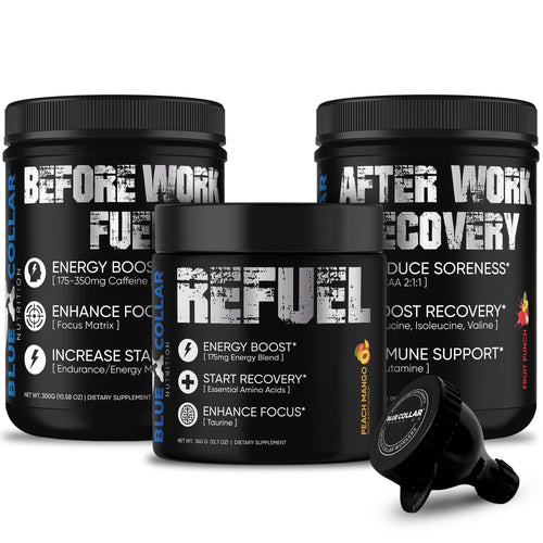 Blue Collar Workday Pack bundle with Before Work Fuel, Refuel, After Work Recovery, and BCN travel funnel