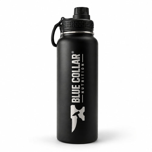 STEEL 32 black 32 oz insulated stainless steel water bottle with laser-engraved Blue Collar Nutrition logo