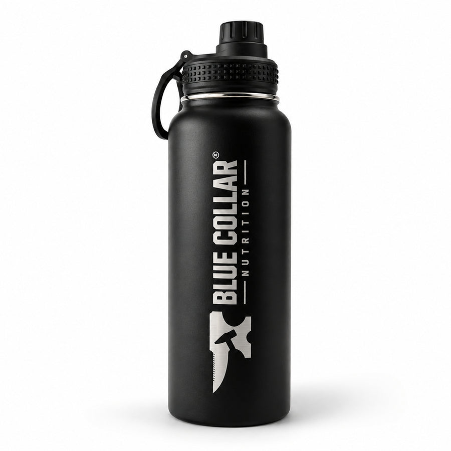 Blue Collar Nutrition 32 oz matte black insulated stainless steel water bottle for jobsite use