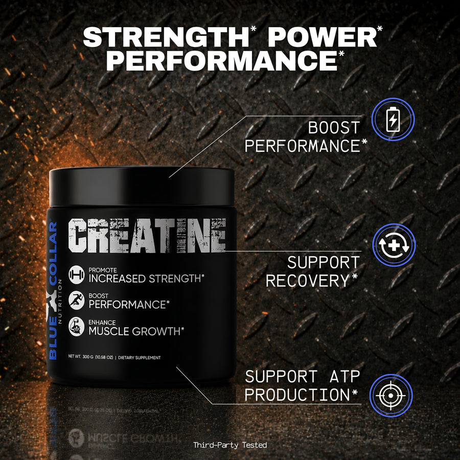 Blue Collar Nutrition Creatine powder, 300 grams, supporting strength, performance, muscle growth, and recovery for blue collar workers.