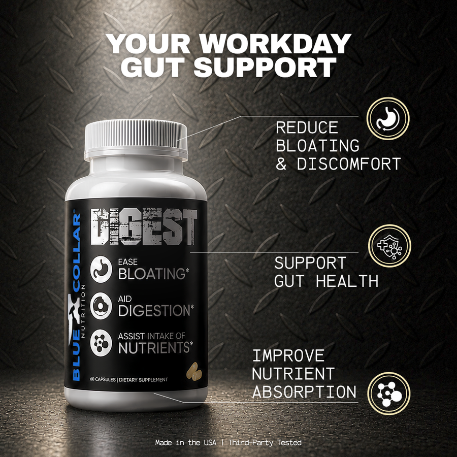 Blue Collar Nutrition Digest gut health supplement bottle, 60 capsules, supporting reduced bloating, digestion, gut health, and improved nutrient absorption for workday relief.