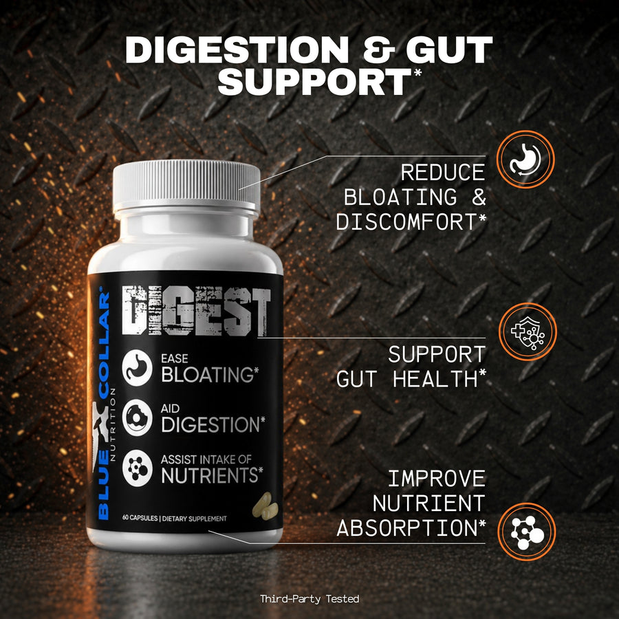 Blue Collar Nutrition Digest gut health supplement bottle, 60 capsules, supporting reduced bloating, digestion, gut health, and improved nutrient absorption for blue collar workers.