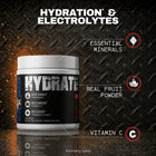 Blue Collar Nutrition Hydrate electrolyte powder, strawberry, 40 servings, supporting hydration, essential minerals, and vitamin C for blue collar workers.