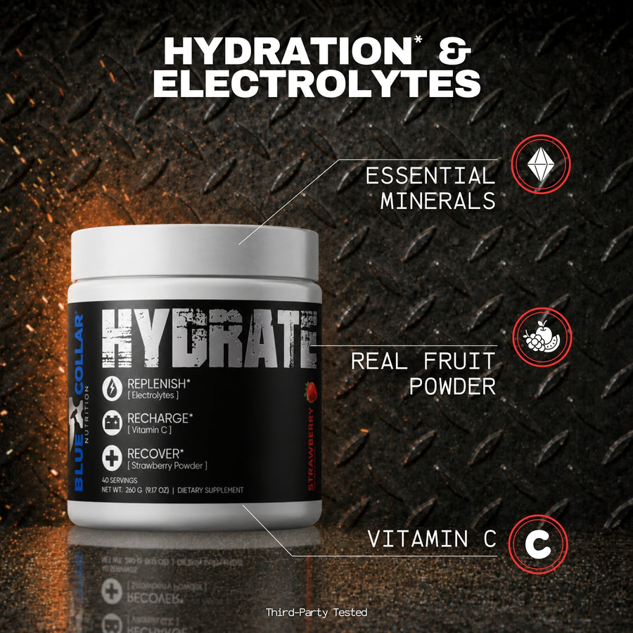 Blue Collar Nutrition Hydrate electrolyte powder, strawberry, 40 servings, supporting hydration, essential minerals, and vitamin C for blue collar workers.