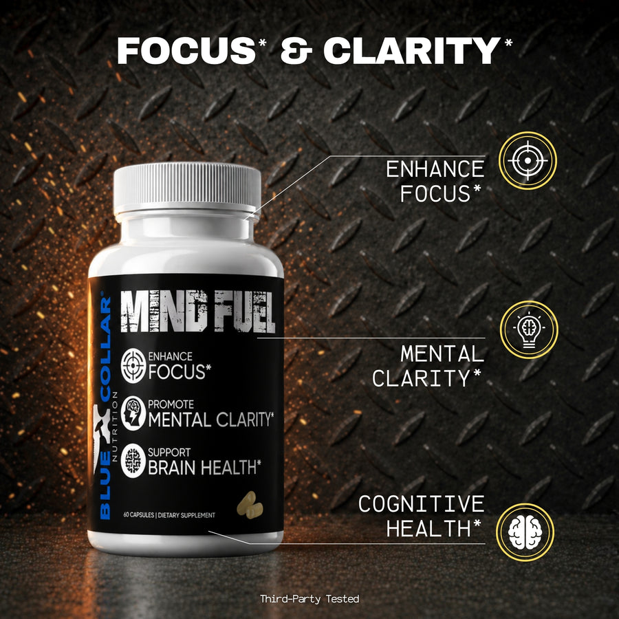 Blue Collar Nutrition Mind Fuel nootropic supplement bottle, 60 capsules, supporting focus, mental clarity, and brain health for blue collar workers.