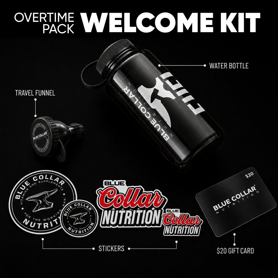 Blue Collar Nutrition Overtime Pack welcome kit for blue collar workers with water bottle, travel funnel, stickers, and $20 gift card