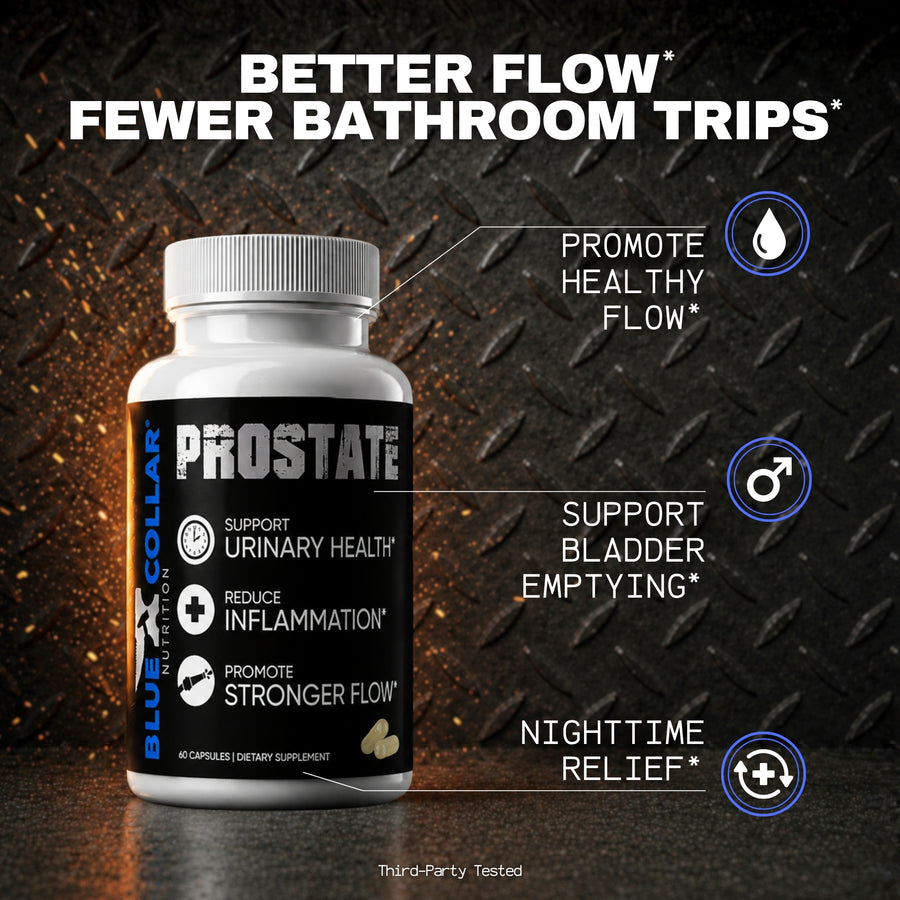 Blue Collar Nutrition Prostate support supplement bottle, 60 capsules, supporting urinary health, bladder emptying, and healthy flow for blue collar workers.