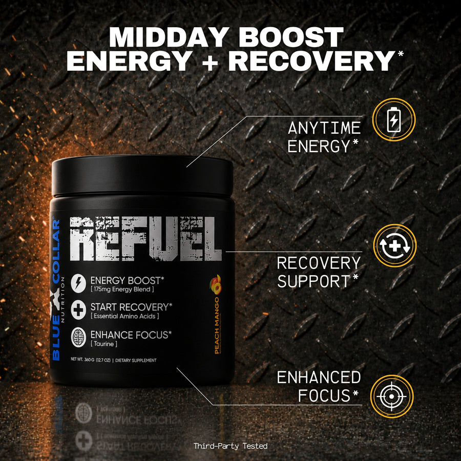 Blue Collar Nutrition Refuel energy and recovery powder, peach mango, 360 grams, supporting anytime energy, recovery, and focus for blue collar workers.