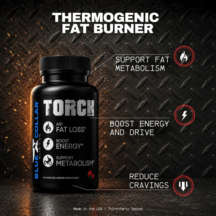 Blue Collar Nutrition Torch thermogenic fat burner supplement bottle, 60 capsules, promoting fat loss, boosted energy, and reduced cravings for blue collar workers.