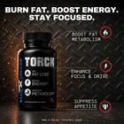 Blue Collar Nutrition Torch fat burner supplement bottle, 60 capsules, promoting fat loss, boosted energy, enhanced focus, and appetite suppression for blue collar workers.